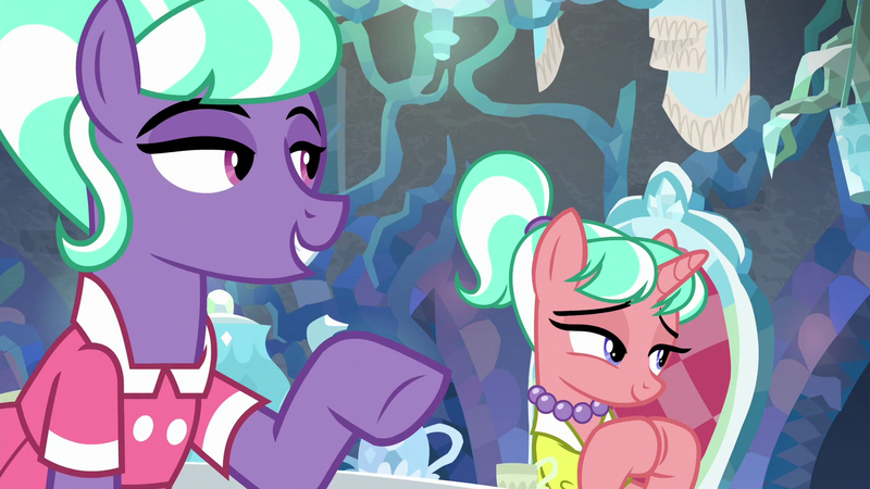 Size: 1280x720 | Tagged: safe, derpibooru import, edit, edited screencap, screencap, stepford ponies, earth pony, pony, unicorn, what lies beneath, chair, clothes, cup, dress, duo, female, grin, horn, image, jewelry, lidded eyes, mare, necklace, pearl necklace, png, smiling, table, tea party, teacup, teapot