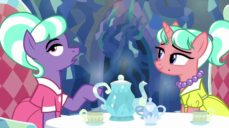 Size: 1280x720 | Tagged: safe, derpibooru import, edit, edited screencap, screencap, stepford ponies, earth pony, pony, unicorn, chair, clothes, cup, dress, fancy dress, female, horn, image, jewelry, mare, necklace, pearl necklace, png, raised hoof, sitting, smiling, table, tea party, teacup, teapot