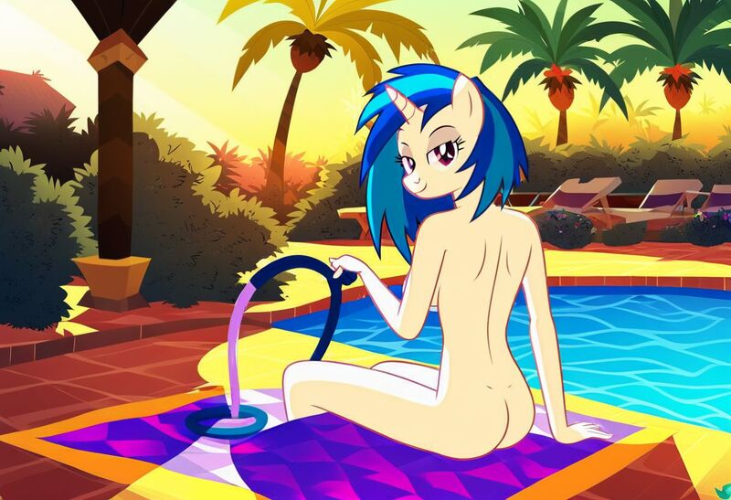 Size: 1216x832 | Tagged: questionable, ai content, machine learning generated, stable diffusion, vinyl scratch, anthro, unicorn, backyard, beach babe, beach towel, busty vinyl scratch, exhibitionism, flirty, garden hose, inviting, jpeg, lawn chair, looking back at you, nudity, palm tree, poolside, seductive pose, sexy, sideboob, sitting, smirk, solo, sunset, swimming pool