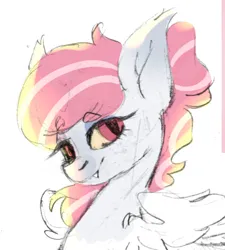Size: 1080x1202 | Tagged: safe, artist:kingdom, derpibooru import, oc, unofficial characters only, pegasus, pony, gray coat, image, jpeg, pegasus oc, pink mane, simple background, smiling, solo, white background, wings