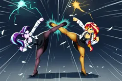 Size: 1344x896 | Tagged: prompter needed, source needed, safe, ai content, derpibooru import, machine learning generated, novelai, stable diffusion, starlight glimmer, sunset shimmer, human, equestria girls, breasts, business suit, cleavage, clothes, fight, g4, high heels, image, kick, martial arts, pantyhose, png, shoes, simple background, suit, sunset vs starlight