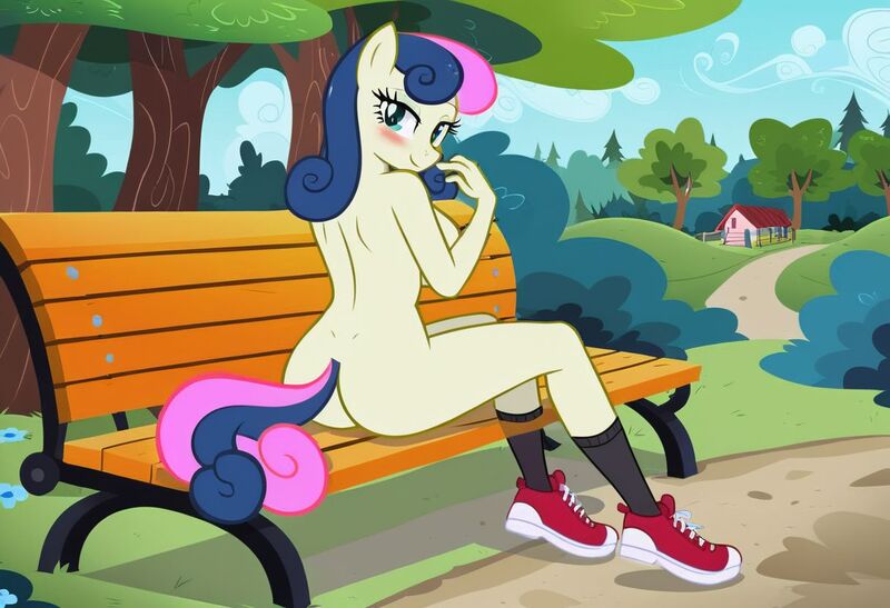 Size: 1216x832 | Tagged: questionable, ai content, artist:nickeltempest, machine learning generated, stable diffusion, bon bon, sweetie drops, anthro, earth pony, bench, black socks, blushing, busty bon bon, exhibitionism, flirty, image, inviting, jpeg, looking back at you, nudity, pinup, playground, ponyville park, seductive pose, sexy, sideboob, sitting, smiling, sneakers, socks, solo, sunbathing