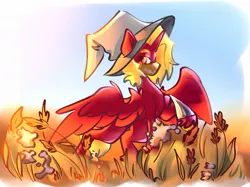Size: 1053x789 | Tagged: safe, artist:kingdom, derpibooru import, oc, unofficial characters only, alicorn, pony, alicorn oc, grass, horn, image, jpeg, red coat, sky, solo, wings