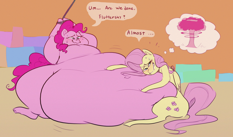 Size: 3000x1771 | Tagged: questionable, artist:polofastter, artist:secretgoombaman12345, derpibooru import, part of a set, fluttershy, pinkie pie, earth pony, pegasus, pony, abstract background, belly, belly hug, big belly, blushing, bound wrists, chubby cheeks, colored sketch, cuddling, dialogue, duo, duo female, evil fluttershy, fat, fat fetish, feedee, feeder, female, fetish, g4, growth, hoof on belly, huge belly, image, impossibly large belly, morbidly obese, mushroom cloud, obese, piggy pie, png, pudgy pie, restrained, sadism, sinister smile, sketch, smiling, squishy, stuffed belly, stuffing, sweat, sweatdrops, talking to viewer, this will end in explosions, thought bubble, weight gain, worried