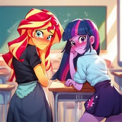 Size: 1024x1024 | Tagged: prompter needed, suggestive, ai content, derpibooru import, machine learning assisted, machine learning generated, sunset shimmer, twilight sparkle, human, equestria girls, blushing, classroom, crying, duo, duo female, embarrassed, female, g4, image, jpeg, looking at you, looking back, looking back at you, school