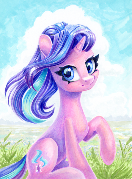 Size: 888x1200 | Tagged: safe, artist:maytee, derpibooru import, starlight glimmer, pony, unicorn, g4, grass, horn, image, png, raised hoof, sitting, sky, solo, traditional art, wind, windswept mane