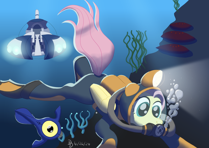Size: 1600x1132 | Tagged: safe, artist:darkdabula, derpibooru import, fluttershy, fish, pegasus, pony, bubble, crossover, dive mask, diving, goggles, image, png, scuba gear, submarine, subnautica, wetsuit