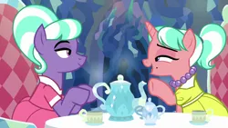 Size: 1280x720 | Tagged: safe, derpibooru import, edit, edited screencap, screencap, stepford ponies, earth pony, pony, unicorn, what lies beneath, chair, clothes, cup, dress, fancy dress, female, horn, image, jewelry, lidded eyes, looking at each other, looking at someone, mare, necklace, open mouth, open smile, pearl necklace, png, sitting, smiling, smiling at each other, table, tea party, teacup, teapot