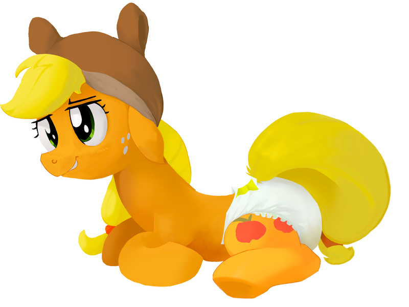 Size: 2732x2048 | Tagged: questionable, artist:asdfasfasda, derpibooru import, applejack, pony, blushing, diaper, distant stare, female, hat, image, jpeg, lying down, mare, non-baby in diaper, simple background, smiling, white background, white diaper