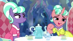 Size: 1280x720 | Tagged: safe, derpibooru import, edit, edited screencap, screencap, stepford ponies, pony, what lies beneath, chair, clothes, cup, dress, duo, female, image, jewelry, lidded eyes, mare, necklace, open mouth, open smile, pearl necklace, png, sitting, smiling, table, tea party, teacup, teapot