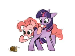 Size: 2048x1537 | Tagged: safe, artist:sketchy-pones, derpibooru import, pinkie pie, twilight sparkle, earth pony, pony, snail, unicorn, curly mane, curly tail, duo, duo female, female, g4, horn, image, jpeg, lesbian, looking at something, looking down, mare, missing cutie mark, multicolored mane, multicolored tail, no catchlights, pink mane, pink tail, purple coat, raised hoof, ship:twinkie, shipping, simple background, standing, straight mane, straight tail, sweat, sweatdrops, tail, unicorn twilight, white background