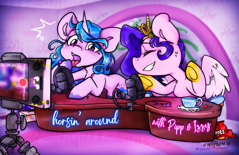 Size: 3091x2000 | Tagged: safe, artist:midnightpremiere, derpibooru import, izzy moonbow, pipp petals, pegasus, pony, unicorn, g5, chips, commission, cup, desk, doritos, duo, duo female, emanata, female, food, grin, high res, hoof licking, horn, image, licking, mare, microphone, mobile phone, nervous sweat, open mouth, phone, plewds, png, smartphone, smiling, sweat, teacup, tongue out
