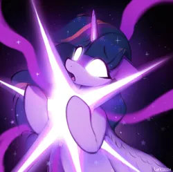 Size: 1906x1899 | Tagged: safe, artist:lerkfruitbat, derpibooru import, twilight sparkle, twilight sparkle (alicorn), alicorn, pony, black background, blank eyes, eyebrows, eyebrows visible through hair, female, g4, glow, glowing eyes, horn, image, magic, mare, open mouth, png, signature, simple background, solo, stars, wings