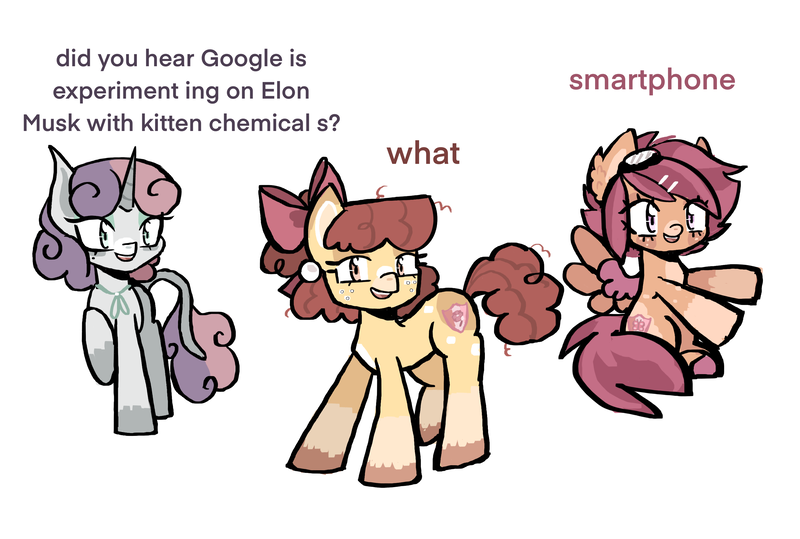 Size: 3186x2148 | Tagged: safe, artist:linatron, derpibooru import, apple bloom, scootaloo, sweetie belle, earth pony, pegasus, unicorn, alternate color palette, alternate design, alternate hairstyle, cutie mark crusaders, desaturated, dialogue, g4, horn, image, looking at you, meme, png, simple background, smiling, smiling at you, talking, text, white background