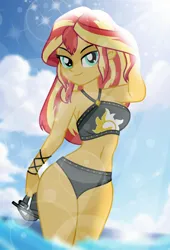 Size: 678x1000 | Tagged: safe, artist:emeraldblast63, derpibooru import, sunset shimmer, human, equestria girls, alternate hairstyle, arm behind head, beautiful, beautiful eyes, beautiful hair, beautisexy, belly button, bestiality, bikini, bra, breasts, busty sunset shimmer, clothes, cyan eyes, eyebrows down, female, fetish, g4, goggles, hand in hair, hips, hot, image, interspecies, long hair, looking at you, medium breasts, messy hair, panties, png, reasonably sized breasts, sexy, smiling, smiling at you, solo, solo female, stupid sexy sunset shimmer, swimsuit, teenage girl, teenage sunset shimmer, teenager, two toned hair, two toned hair (red and yellow), underwear, water, wide hips