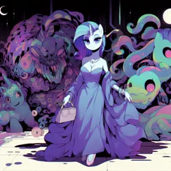 Size: 1024x1024 | Tagged: safe, ai content, derpibooru import, machine learning generated, rarity, anthro, unicorn, body horror, breasts, cleavage, clothes, creature, creepy, dark room, dead eyes, dress, eldritch abomination, eldritch horror, evening gown, female, g4, high heels, horn, image, jewelry, jpeg, monster, mysterious, necklace, night, nightmare fuel, ominous, prompter:horselover fat, purse, reasonably sized breasts, shoes, spooky, surreal, tiled floor, walking, weird
