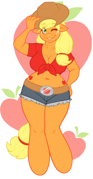 Size: 1300x2500 | Tagged: safe, artist:sheela, applejack, anthro, unguligrade anthro, applebucking thighs, belly button, big breasts, breasts, busty applejack, cleavage, female, hat, image, impossibly wide hips, one eye closed, png, simple background, solo, transparent background, wide hips, wink