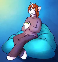 Size: 1400x1479 | Tagged: safe, artist:sheela, oc, oc:purestorm, unofficial characters only, anthro, unguligrade anthro, unicorn, clothes, cup, cushion, gradient background, grin, image, jpeg, lidded eyes, looking at you, male, pants, smiling, smiling at you, solo