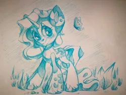 Size: 1080x810 | Tagged: safe, artist:kingdom, derpibooru import, butterfly, insect, pony, unicorn, horn, image, jpeg, smiling, traditional art