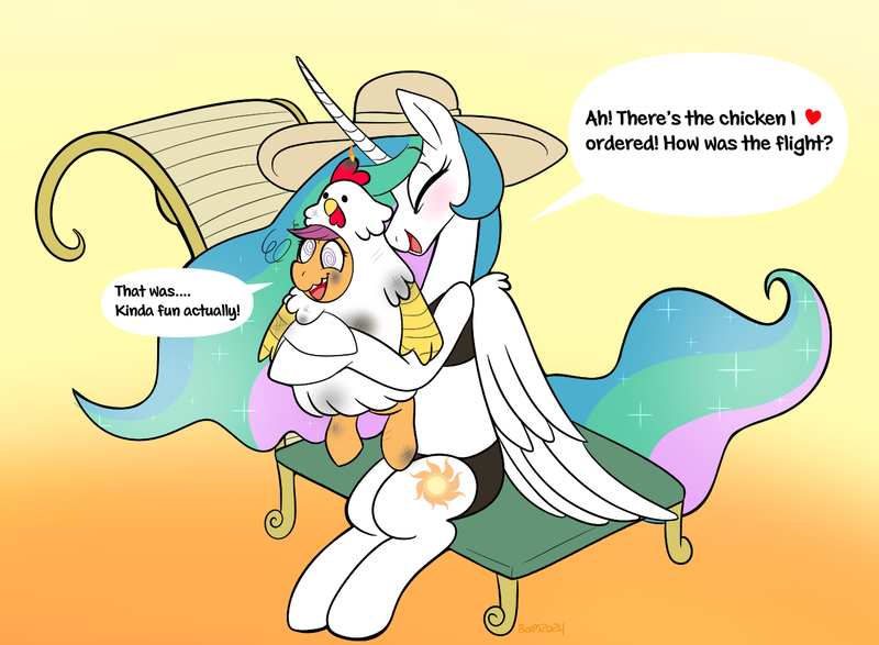 Size: 1303x956 | Tagged: safe, artist:therainbowtroll, derpibooru import, princess celestia, scootaloo, alicorn, pegasus, pony, animal costume, beach chair, blushing, chair, chicken suit, clothes, costume, cute, cutealoo, cutelestia, derp, dialogue, everything went better than expected, fire, g4, gradient background, hat, heart, hug, image, implied trollestia, meme, png, scootachicken, scootalove, speech bubble, sun, swimsuit, swirly eyes, tanning, to the sun, trollestia