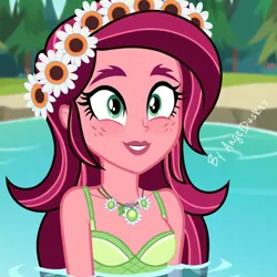 Size: 1649x1649 | Tagged: safe, ai content, derpibooru import, machine learning generated, prompter:angeldusk17, gloriosa daisy, equestria girls, clothes, forest, g4, image, jewelry, lake, my little pony equestria girls: legend of everfree, nature, necklace, photoshop, png, swimsuit, tree, water