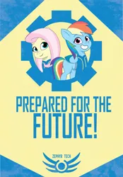 Size: 2157x3105 | Tagged: safe, artist:prixy05, derpibooru import, fluttershy, rainbow dash, pegasus, pony, g5, duo, fallout, female, g4, image, logo, mare, png, poster, propaganda, simple background, text, yellow background