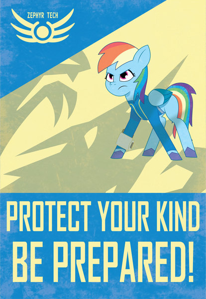 Size: 2157x3124 | Tagged: safe, artist:prixy05, derpibooru import, rainbow dash, pegasus, pony, g5, fallout, female, g4, image, logo, mare, png, poster, propaganda, shadow, simple background, text, yellow background