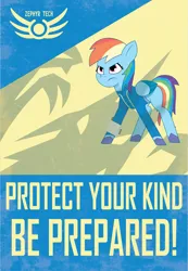 Size: 2157x3124 | Tagged: safe, artist:prixy05, derpibooru import, rainbow dash, pegasus, pony, g5, fallout, female, g4, image, logo, mare, png, poster, propaganda, shadow, simple background, text, yellow background