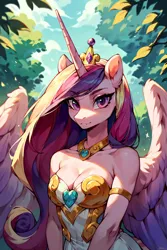 Size: 896x1344 | Tagged: safe, ai content, derpibooru import, machine learning generated, prompter:saberclaw1x, princess cadance, alicorn, anthro, pony, bare shoulders, breasts, bust, busty princess cadance, cleavage, clothes, dress, female, g4, image, jewelry, looking at you, mare, necklace, png, smiling, smiling at you, solo, tree