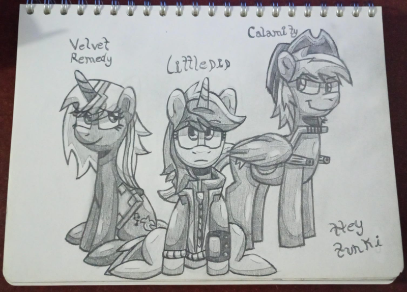 Size: 1507x1080 | Tagged: safe, derpibooru import, oc, oc:calamity, oc:littlepip, oc:velvet remedy, pegasus, pony, unicorn, fallout equestria, black and white, grayscale, horn, image, monochrome, pencil drawing, png, traditional art