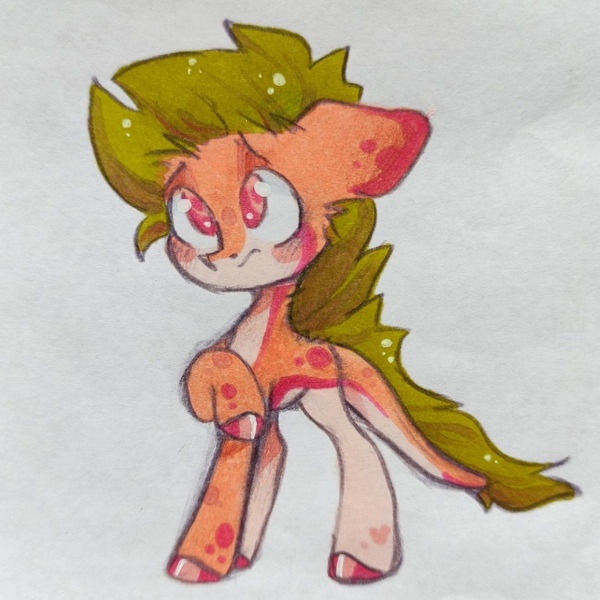 Size: 1080x1080 | Tagged: safe, artist:kingdom, derpibooru import, oc, unofficial characters only, pony, green mane, image, jpeg, orange coat, solo, traditional art