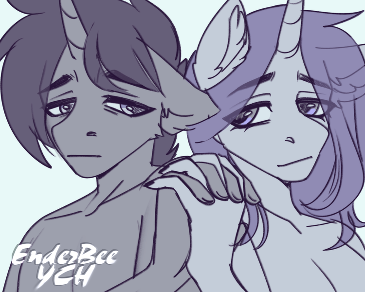 Size: 3000x2400 | Tagged: questionable, artist:enderbee, derpibooru import, alicorn, anthro, earth pony, pegasus, unicorn, auction, auction open, commission, couple, female, hand, horn, image, looking at each other, looking at someone, male, png, ych sketch, your character here