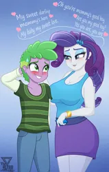 Size: 1900x2990 | Tagged: safe, artist:theretroart88, derpibooru import, rarity, spike, human, equestria girls, arm behind head, big breasts, blushing, breasts, cleavage, clothes, denim, dialogue, duo, female, g4, hairpin, heart, human spike, humanized, image, jeans, legs together, male, pants, png, purple skirt, shipping, shirt, skirt, sparity, straight, striped shirt, sweat, sweatdrop