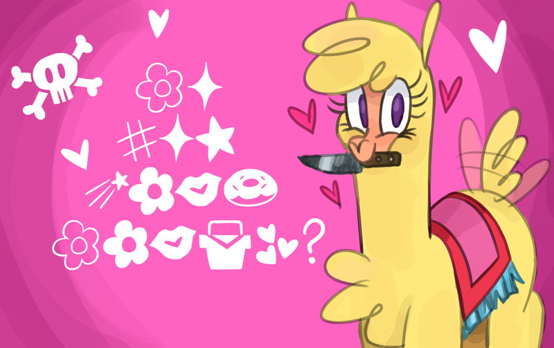 Size: 1345x845 | Tagged: semi-grimdark, artist:nonameorous, derpibooru import, paprika paca, alpaca, them's fightin' herds, community related, heart, image, implied violence, knife, looking at you, mouth hold, papdings, paprika (tfh), pink background, png, simple background, skull, skull and crossbones, smiling, solo, tail, tail wag