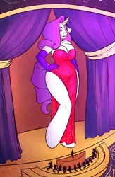Size: 1352x2074 | Tagged: suggestive, artist:sheela, derpibooru import, rarity, anthro, unguligrade anthro, breasts, busty rarity, clothes, crossover, dress, evening gloves, female, giantess, gloves, image, jessica rabbit, jpeg, long gloves, macro, micro, who framed roger rabbit