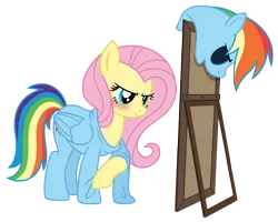Size: 1200x962 | Tagged: safe, artist:jennieoo, derpibooru import, fluttershy, rainbow dash, pegasus, pony, blushing, clothes, confident, costume, image, mirror, png, ponysuit, rainbow dash costume, show accurate, smug, vector