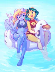 Size: 1666x2160 | Tagged: safe, artist:amishy, derpibooru import, oc, oc:lusty symphony, unofficial characters only, anthro, pegasus, plantigrade anthro, pony, unicorn, barefoot, belly button, bikini, breasts, busty oc, cleavage, clothes, drink, duo, duo female, feet, female, horn, image, inner tube, jpeg, legs in the water, looking at each other, looking at someone, mare, open mouth, open smile, partially submerged, pool toy, smiling, smiling at each other, swimsuit, water