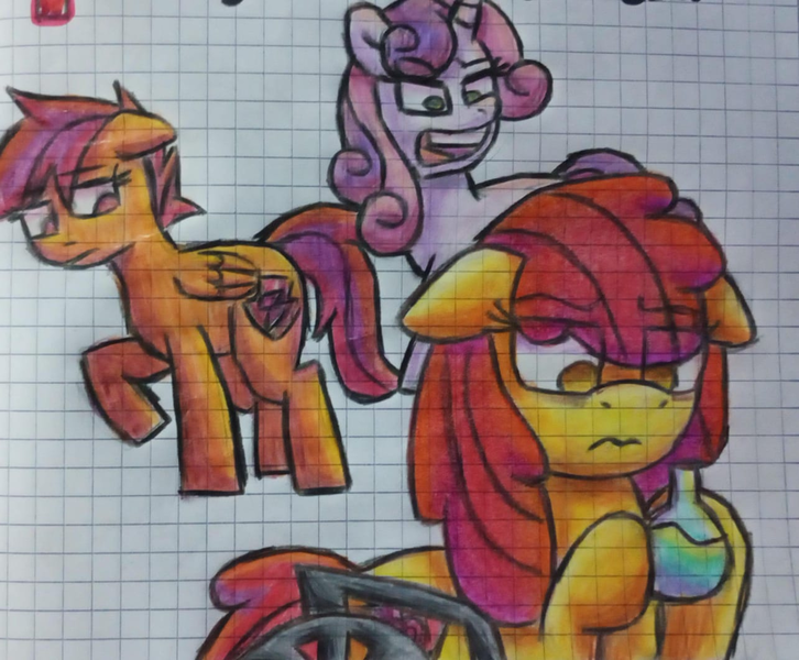 Size: 1285x1062 | Tagged: safe, derpibooru import, apple bloom, scootaloo, sweetie belle, earth pony, pegasus, unicorn, fanfic:an apple sleep experiment, fanfic art, horn, image, older, older apple bloom, older scootaloo, older sweetie belle, pencil drawing, png, traditional art