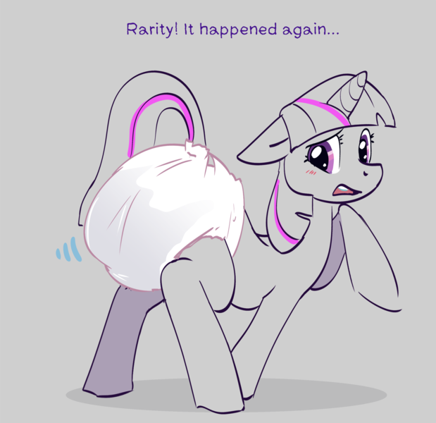 Size: 2126x2062 | Tagged: questionable, artist:kircai, derpibooru import, twilight sparkle, pony, unicorn, diaper, diaper fetish, female, fetish, horn, image, implied rarity, looking back, messy diaper, non-baby in diaper, png, raised hoof, simple background, solo, solo female, unicorn twilight