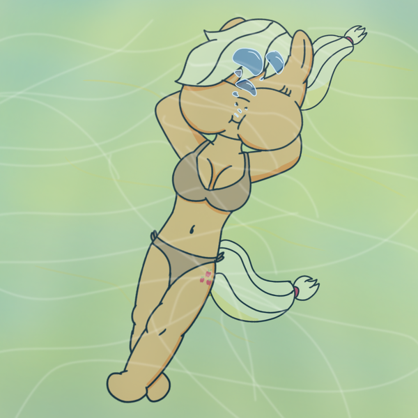 Size: 1500x1500 | Tagged: safe, artist:frankysniper, derpibooru import, applejack, anthro, earth pony, unguligrade anthro, air bubble, belly button, bikini, bubble, clothes, eyes closed, g4, holding breath, image, midriff, ocean, png, puffy cheeks, seabed, solo, swimsuit, underwater, water