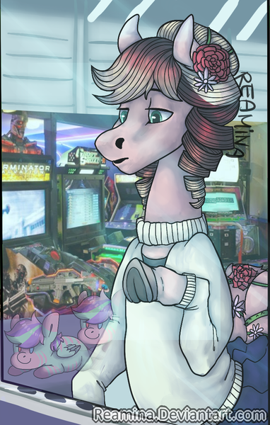 Size: 682x1070 | Tagged: safe, artist:reamina, derpibooru import, oc, earth pony, pony, arcade, clothes, female, image, mare, plushie, png, solo, sweater