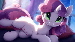 Size: 1920x1088 | Tagged: suggestive, ai content, machine learning generated, novelai, stable diffusion, sweetie belle, pony, unicorn, blank flank, blushing, crotchboobs, female, filly, foalcon, image, looking at you, nudity, png, presenting, solo, solo female, spread legs, spreading, teats, underage