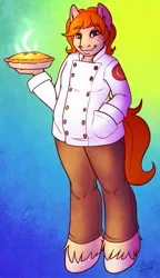 Size: 737x1280 | Tagged: safe, artist:sheela, oc, oc:butternut, unofficial characters only, anthro, earth pony, chef outfit, clothes, eyebrows visible through hair, food, freckles, gradient background, hand in pocket, image, jpeg, male, pants, pie, smiling at you, solo, tail, unshorn fetlocks