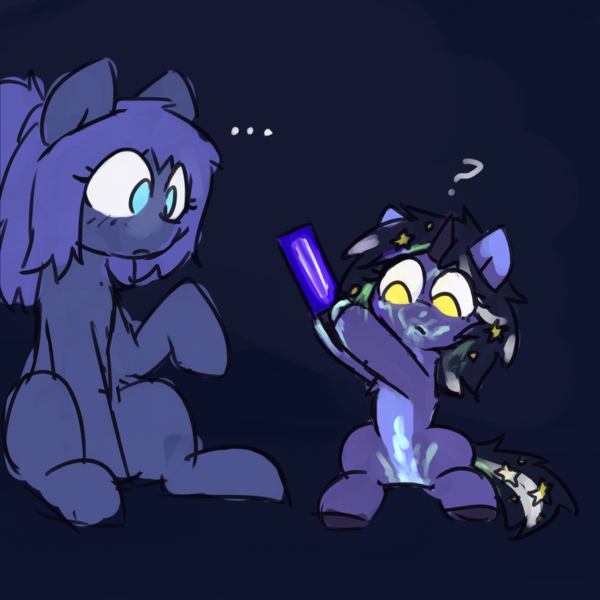 Size: 1440x1440 | Tagged: suggestive, artist:rivibaes, oc, oc:rivibaes, unofficial characters only, earth pony, pony, unicorn, blacklight, blue background, confused, female, filly, image, implied cum, implied foalcon, mare, png, simple background