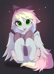 Size: 3019x4120 | Tagged: safe, artist:empress-twilight, derpibooru import, oc, oc:blazey sketch, unofficial characters only, pegasus, :p, bow, clothes, green eyes, grey fur, hair bow, image, looking at you, muticolored mane, png, solo, sweater, tongue out