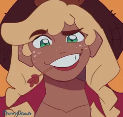 Size: 1716x1624 | Tagged: safe, artist:channydraws, derpibooru import, applejack, human, bust, close-up, eyebrows, female, freckles, grin, humanized, image, looking at you, orange background, png, raised eyebrow, signature, simple background, smiling, smiling at you, solo, straw in mouth, tan skin