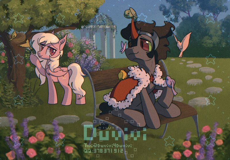Size: 2048x1431 | Tagged: safe, artist:duvivi, derpibooru import, king sombra, oc, bat pony, bird, butterfly, insect, pony, unicorn, bat pony oc, bat wings, bench, bird nest, butterfly on nose, cape, clothes, cute, duo, female, flower, garden, gazebo, horn, image, insect on nose, jpeg, looking at each other, looking at someone, male, mare, nest, raised hoof, sitting, smiling, sombradorable, stallion, tree, wavy mouth, wings