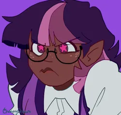 Size: 1716x1624 | Tagged: safe, artist:channydraws, derpibooru import, twilight sparkle, human, bust, dark skin, elf ears, female, freckles, frown, glasses, grumpy, humanized, image, png, purple background, simple background, solo, starry eyes, wingding eyes