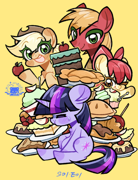 Size: 1000x1300 | Tagged: safe, alternate version, artist:hedgehog29271, derpibooru import, apple bloom, applejack, big macintosh, twilight sparkle, earth pony, pony, friendship is magic, apple, apple family member, apple siblings, apple sisters, blushing, brother and sister, cake, candy apple (food), eyes closed, female, filly, foal, food, g4, image, male, mare, one eye closed, open mouth, pastries, pie, plate, png, puffy cheeks, siblings, simple background, sisters, smiling, stallion, sweat, sweatdrop, wink, yellow background