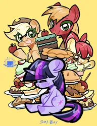 Size: 1000x1300 | Tagged: safe, artist:hedgehog29271, derpibooru import, apple bloom, applejack, big macintosh, twilight sparkle, earth pony, pony, unicorn, friendship is magic, apple, apple family member, apple siblings, apple sisters, black outlines, blushing, brother and sister, cake, candy apple (food), eyes closed, female, filly, foal, food, g4, horn, image, male, mare, one eye closed, open mouth, pastries, pie, plate, png, puffy cheeks, siblings, simple background, sisters, smiling, stallion, sweat, sweatdrop, wink, yellow background